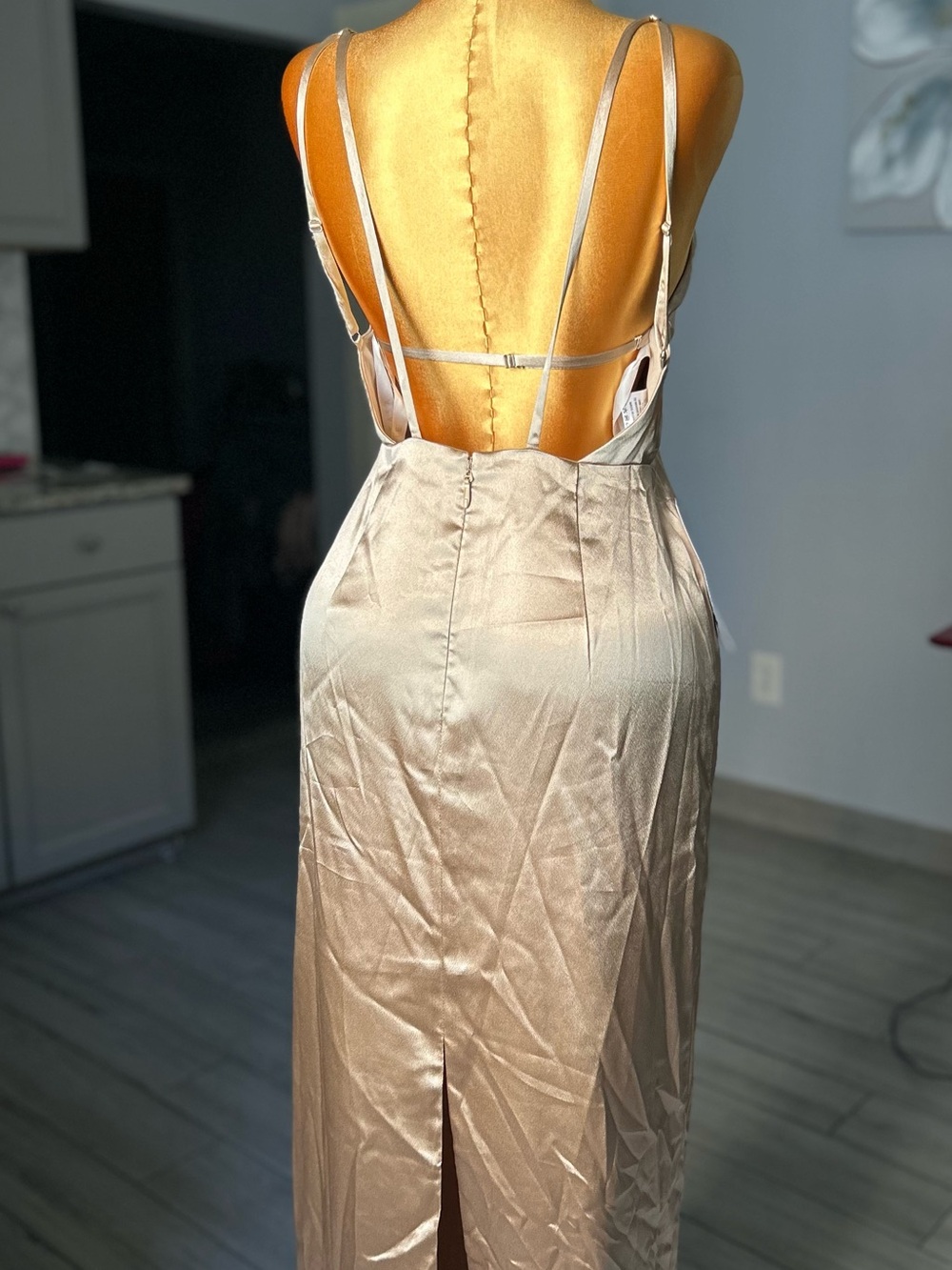 Azazie Backless Satin Slip Dress in Champagne,size 6 dress,maxi dress